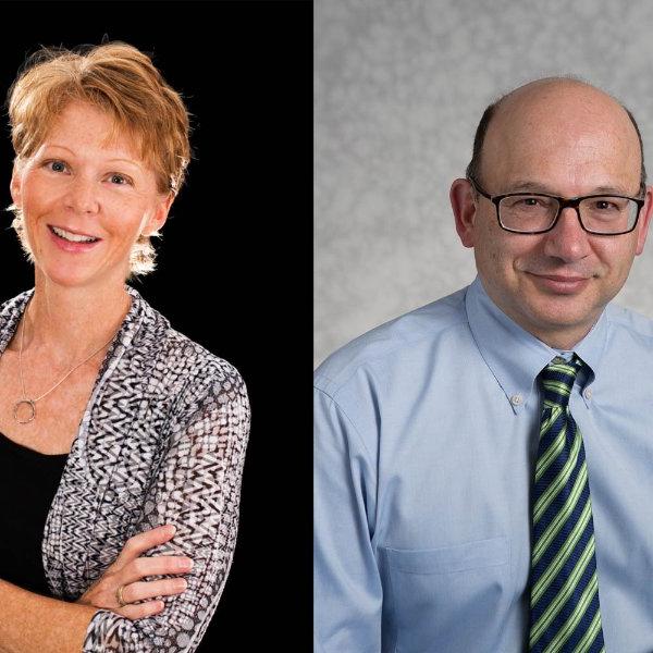 portraits of, at left, John Farris seated in shirt and tie, and Linda Chamberlain standing with arms crossed against a black background